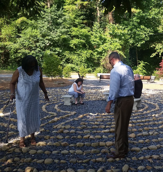 People walking the mcafee labyrinth